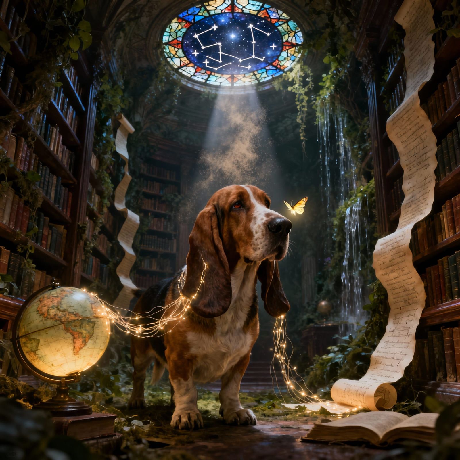 Ancient Basset Hound Guardian of a Fantastical Library