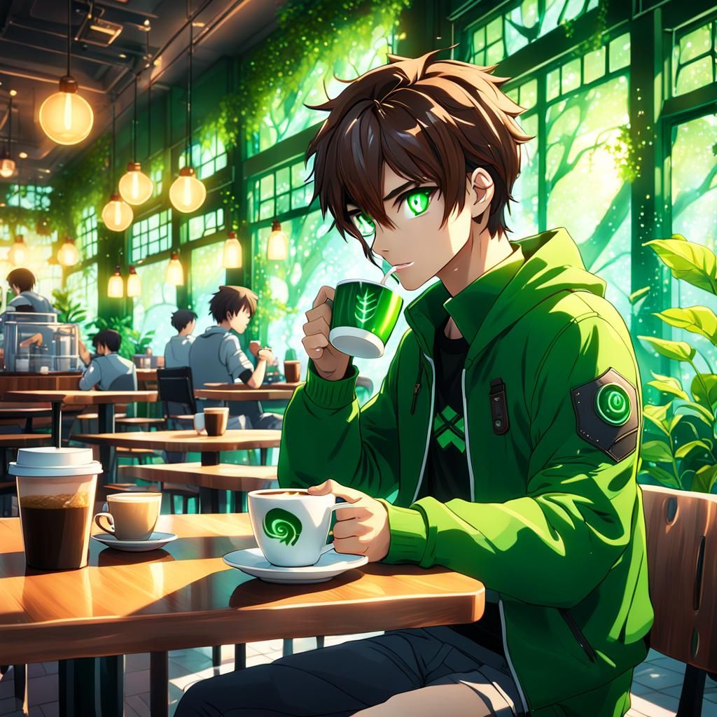 Anime Boy Sipping Coffee in Biophilic Cafe
