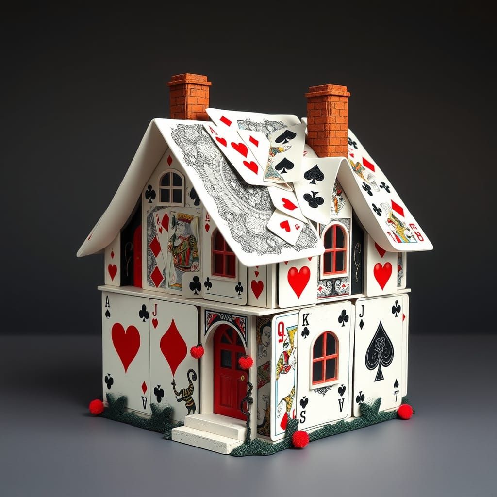 Intricate House of Poker Cards in Whimsical Style