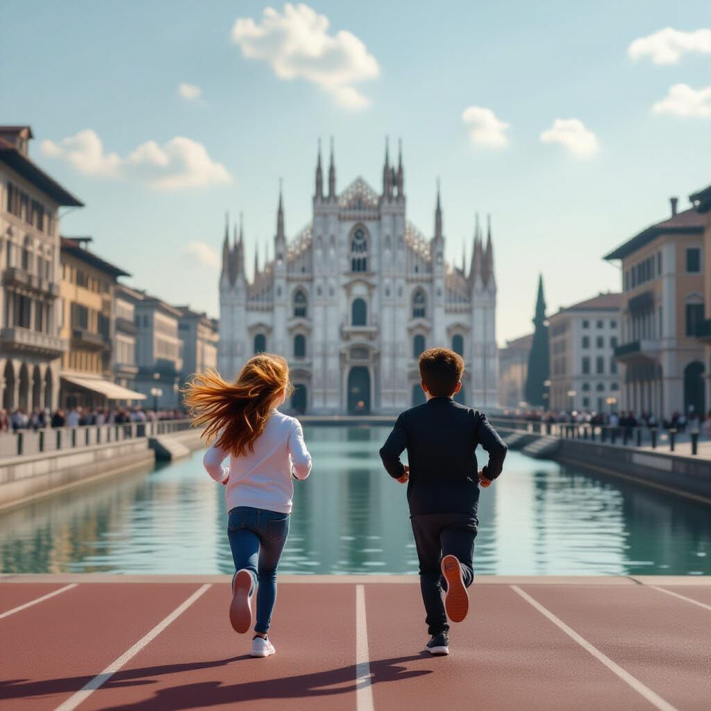 Athletes Sprinting by Milan Canal in Cinematic Light
