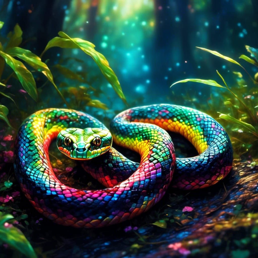 Glowing Rainbow Snake in a Magical Setting