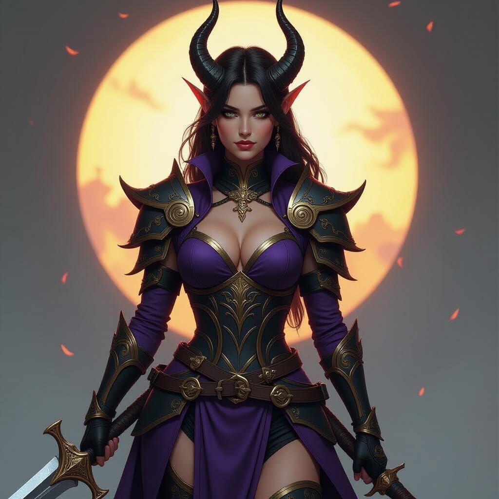 Female Tiefling Warrior in Dragon Armor with Sword