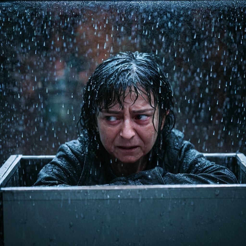 Crying Person in Wet Box: Cinematic Film Still