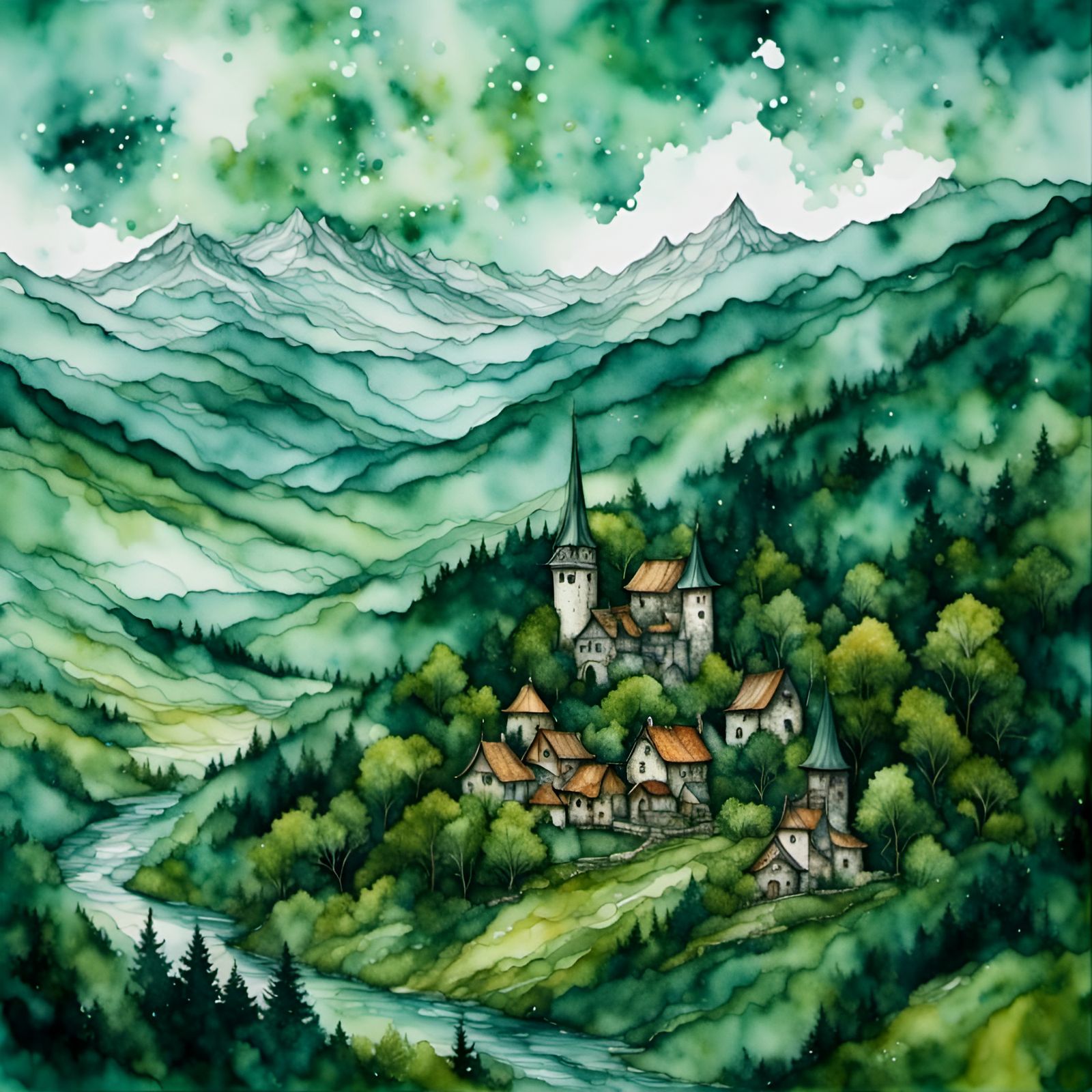 Tranquil Border Town Landscape with Stone Tower