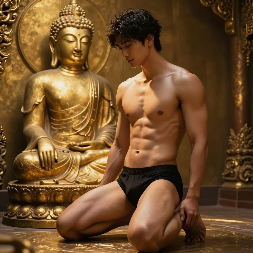 Man Kneeling Before Buddha in Ethereal Golden Light