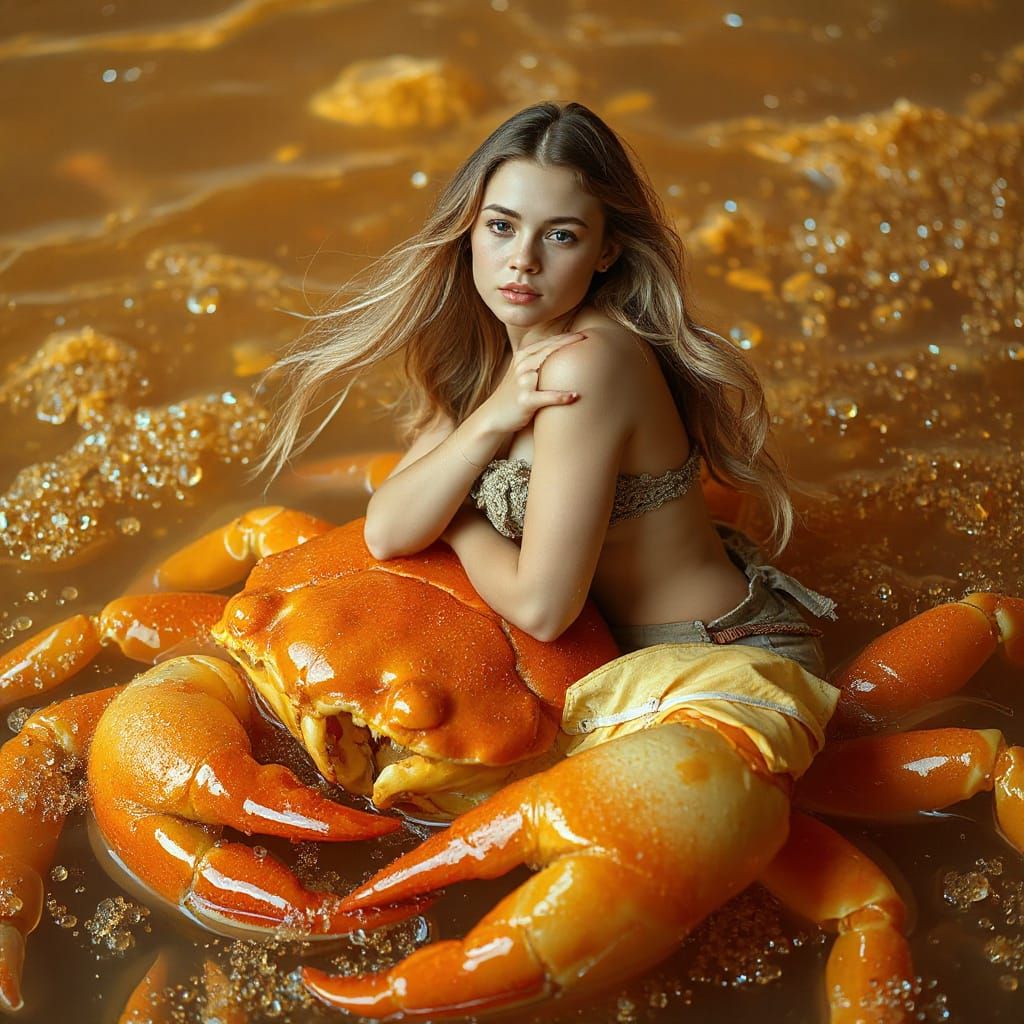 Bohemian Woman on Gummy Crab in Effervescent Soda Sea