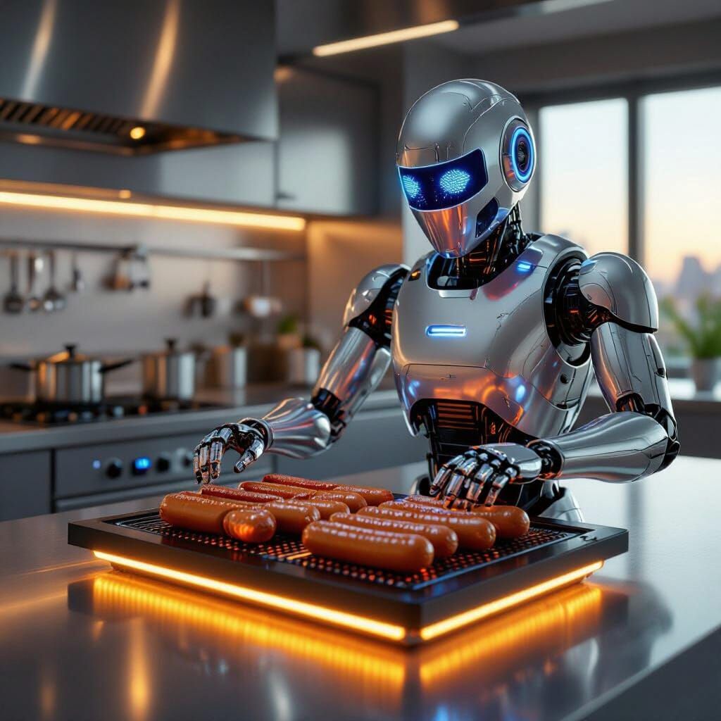 Futuristic Robot Chef Grills Hotdogs in High-Tech Kitchen