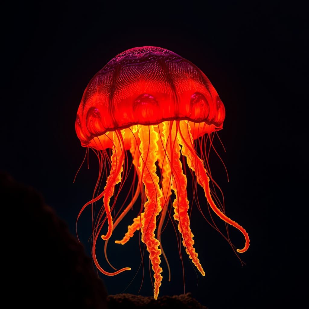 Fiery Jellyfish Illuminates Dark Sea with Molten Tentacles