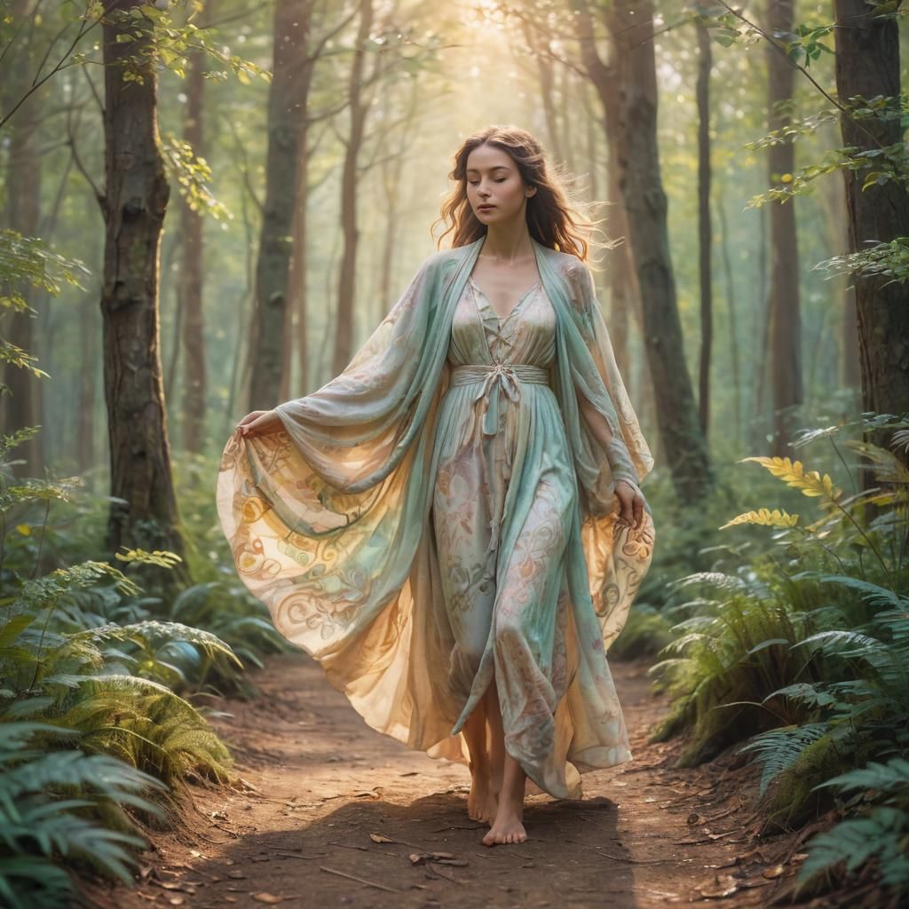 Mystical Woman Holding Heartbeat in Dreamy Forest