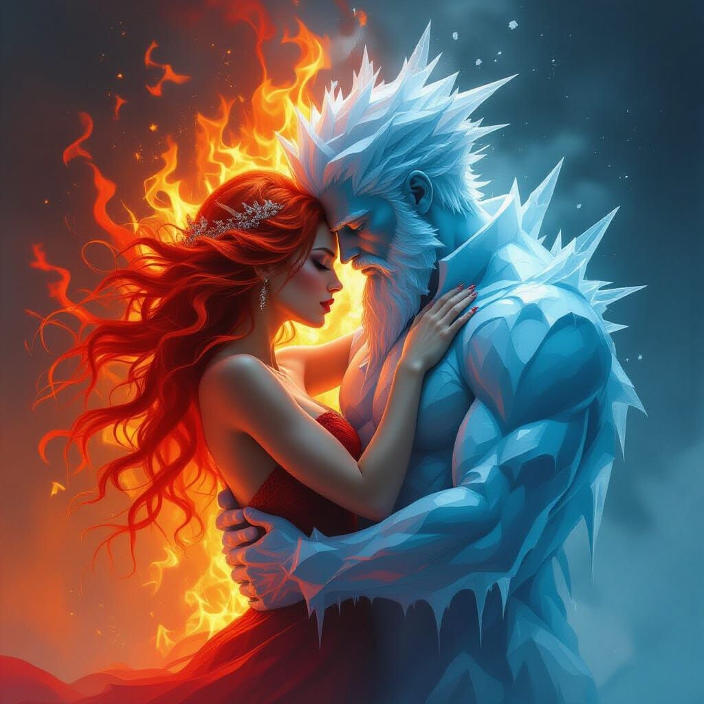 Fiery Woman Embraces Ice Man Surrealist Painting