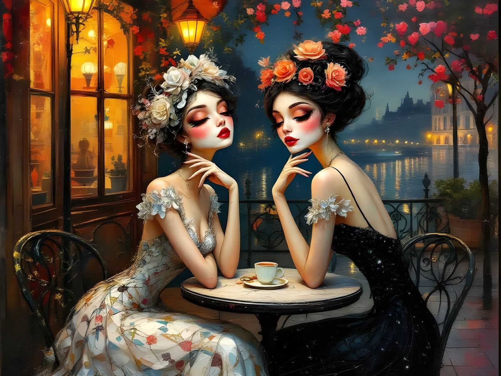 Elegant Women in Midnight Parisian Cafe