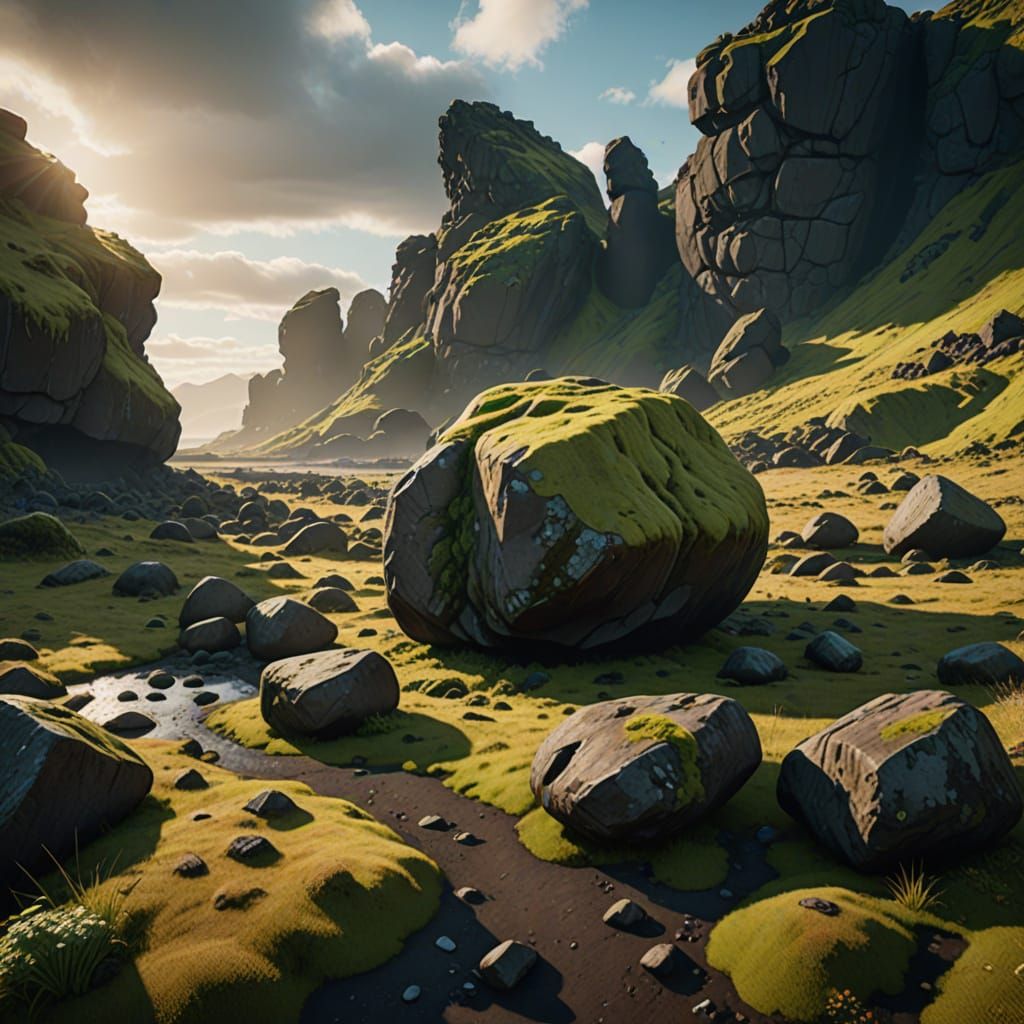 Giant Boulders in Iceland's Stórurð Súlur, a Hiker's Paradis...