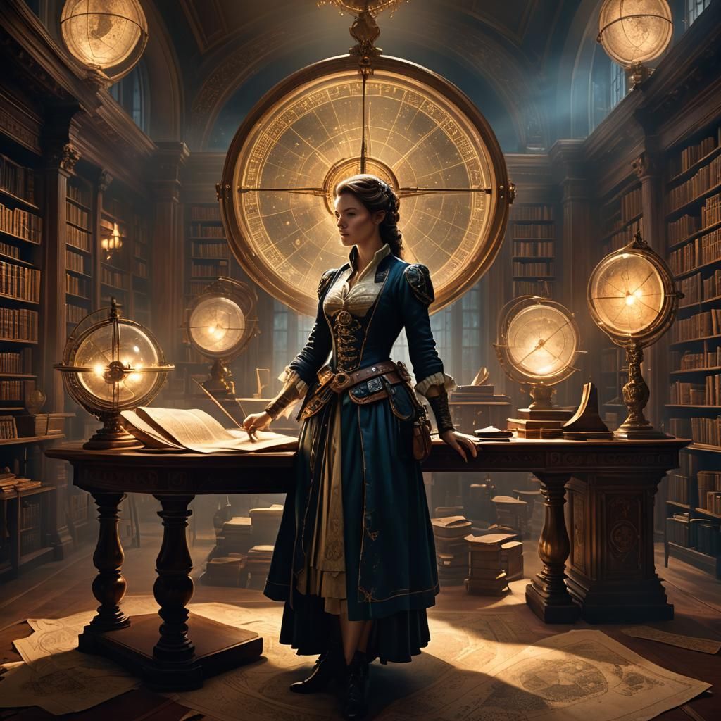 Mystical Cartographer in Ornate Library: Romanticism Concept...