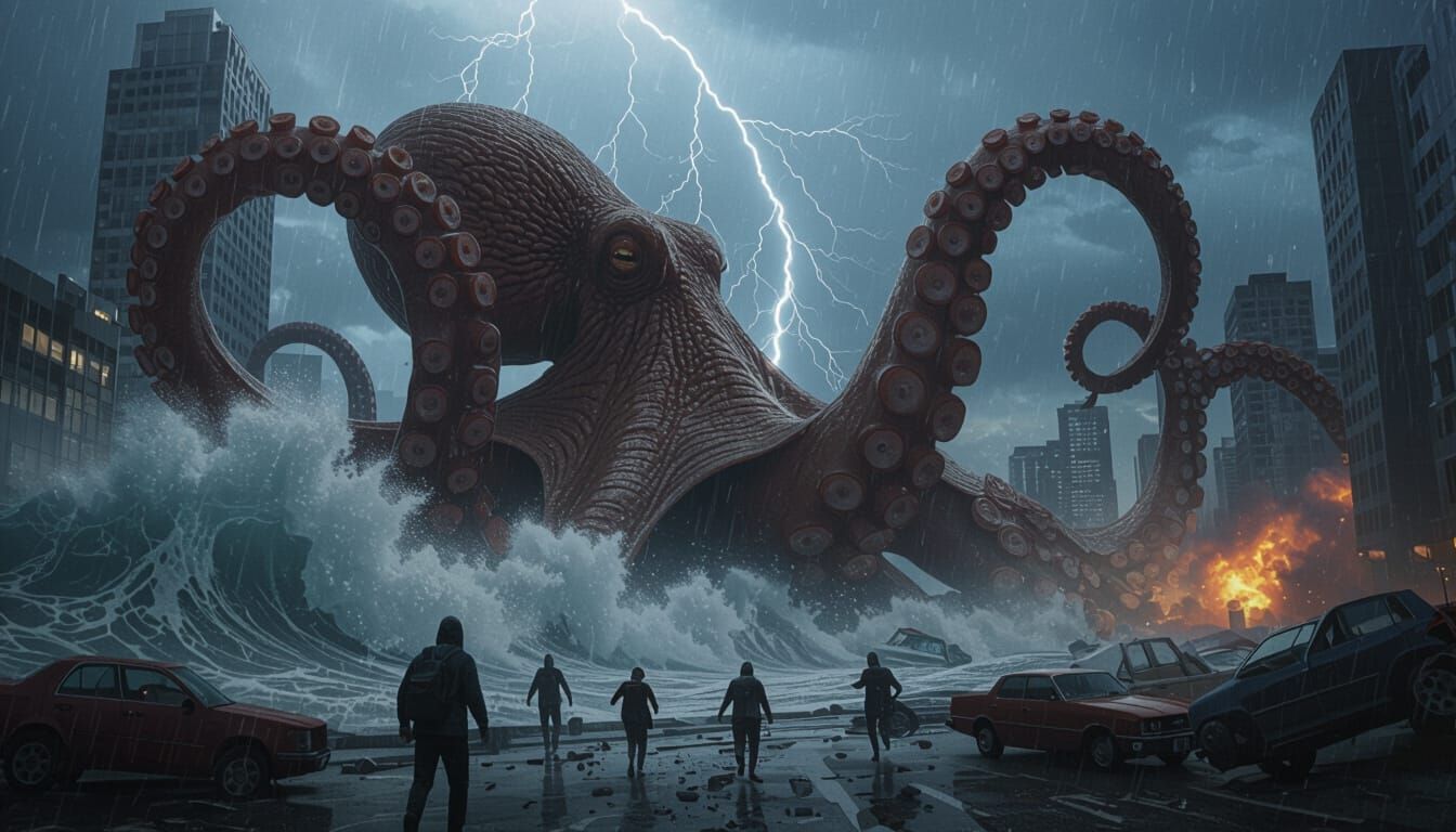 Colossal Octopus Attacks Coastal City in Cinematic Style