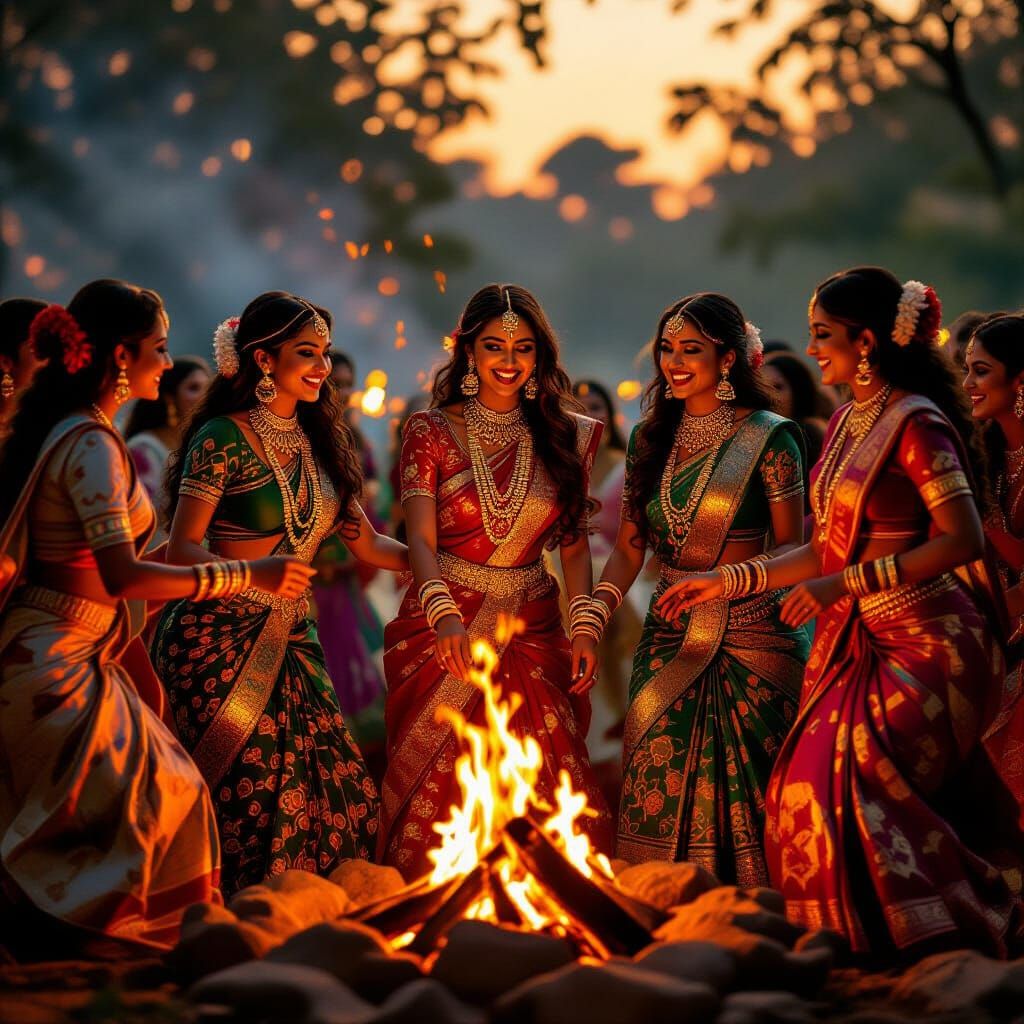 Indian Women Dancing Around Bonfire in Golden Light