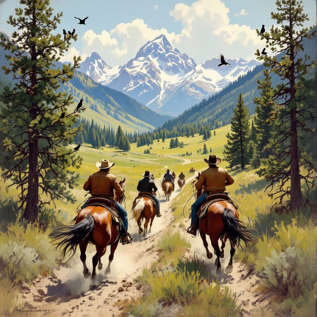 Cowboys Chase Wild Horses Through Mountain Pass in Remington...