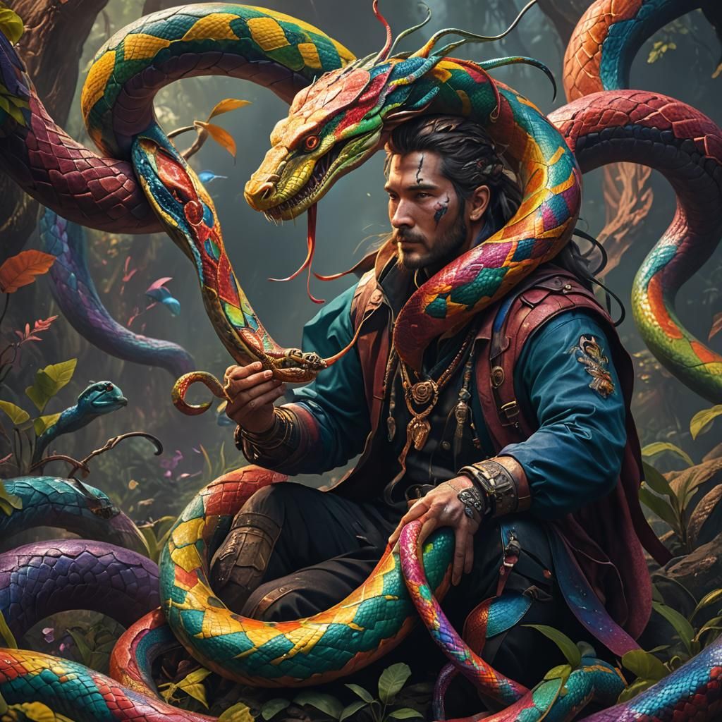 Rainbow Snake Eats Human: Detailed Fantasy Art