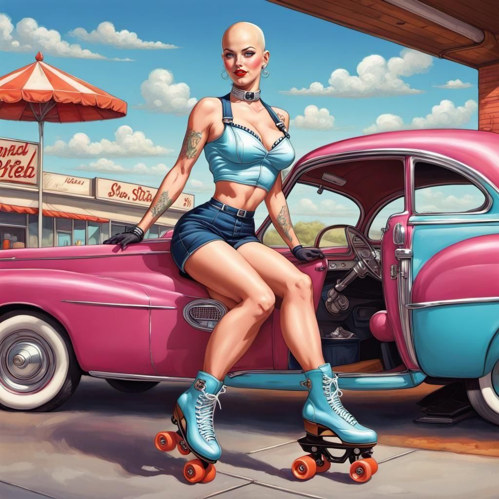 1950s Bald Car Hop Pinup Illustration
