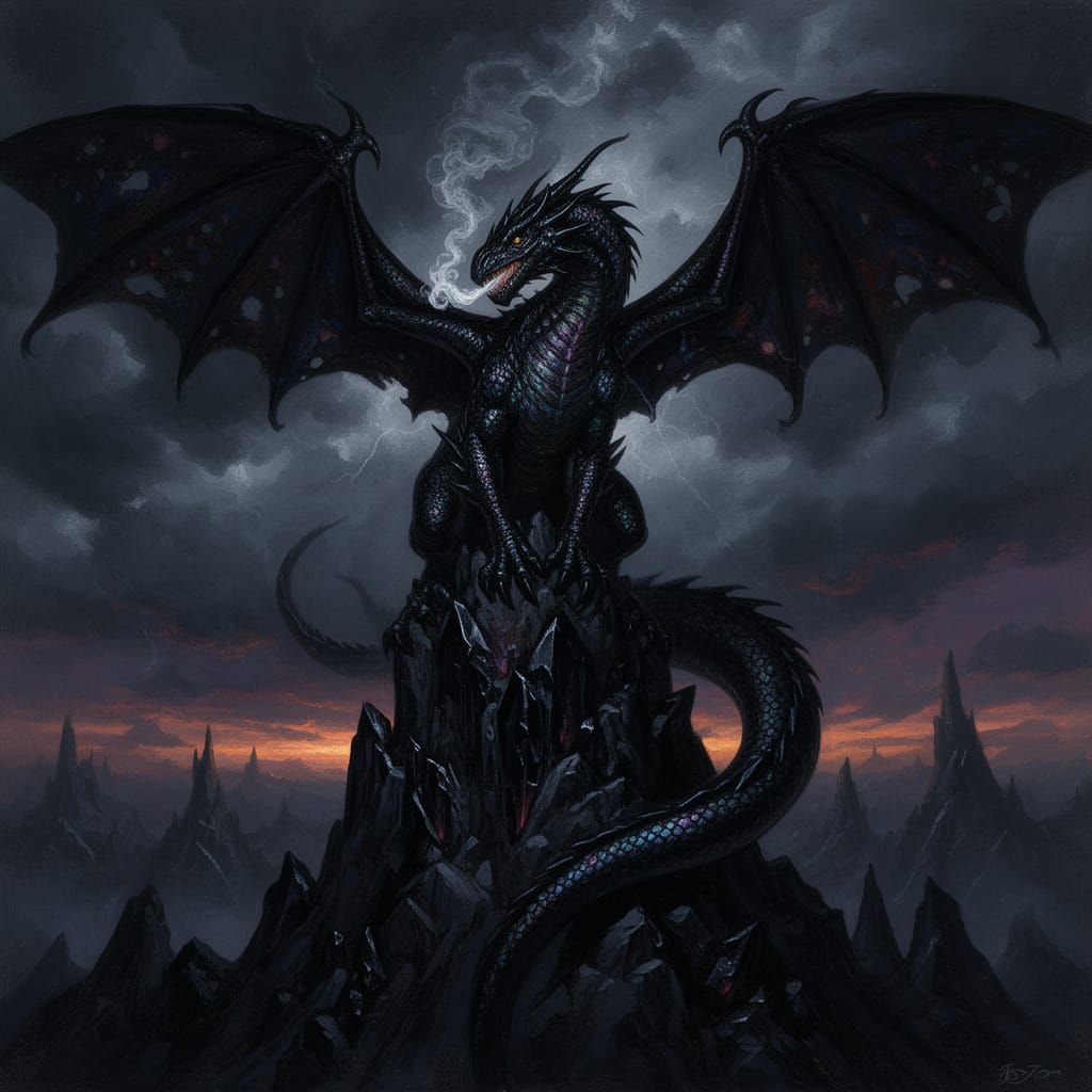 Magnificent Black Dragon on Obsidian Mountain