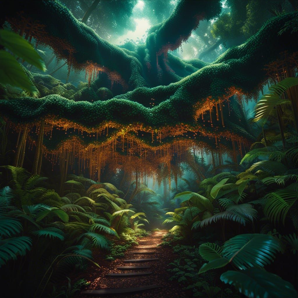 Detailed Rainforest Canopy with Tower, Hyperrealistic Style