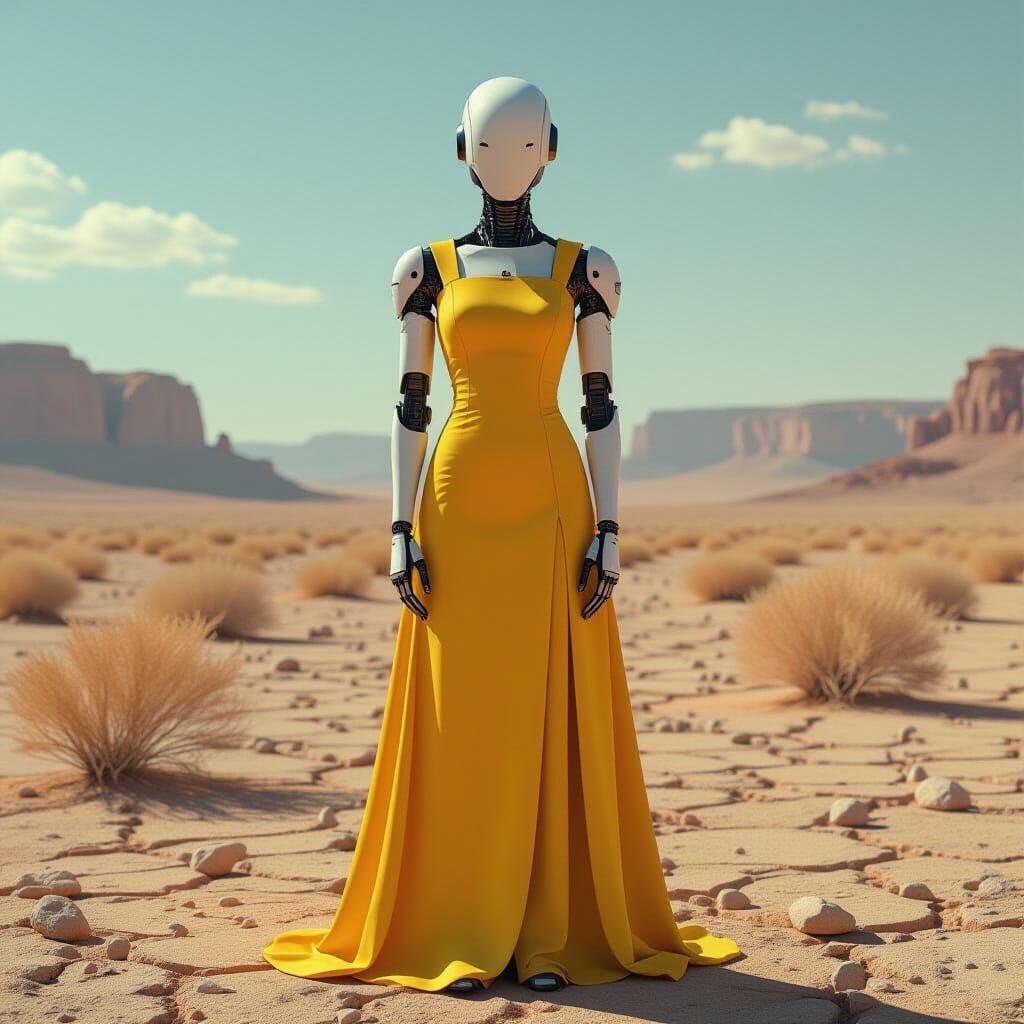 Minimalist Robot in Desert Landscape, Industrial Design