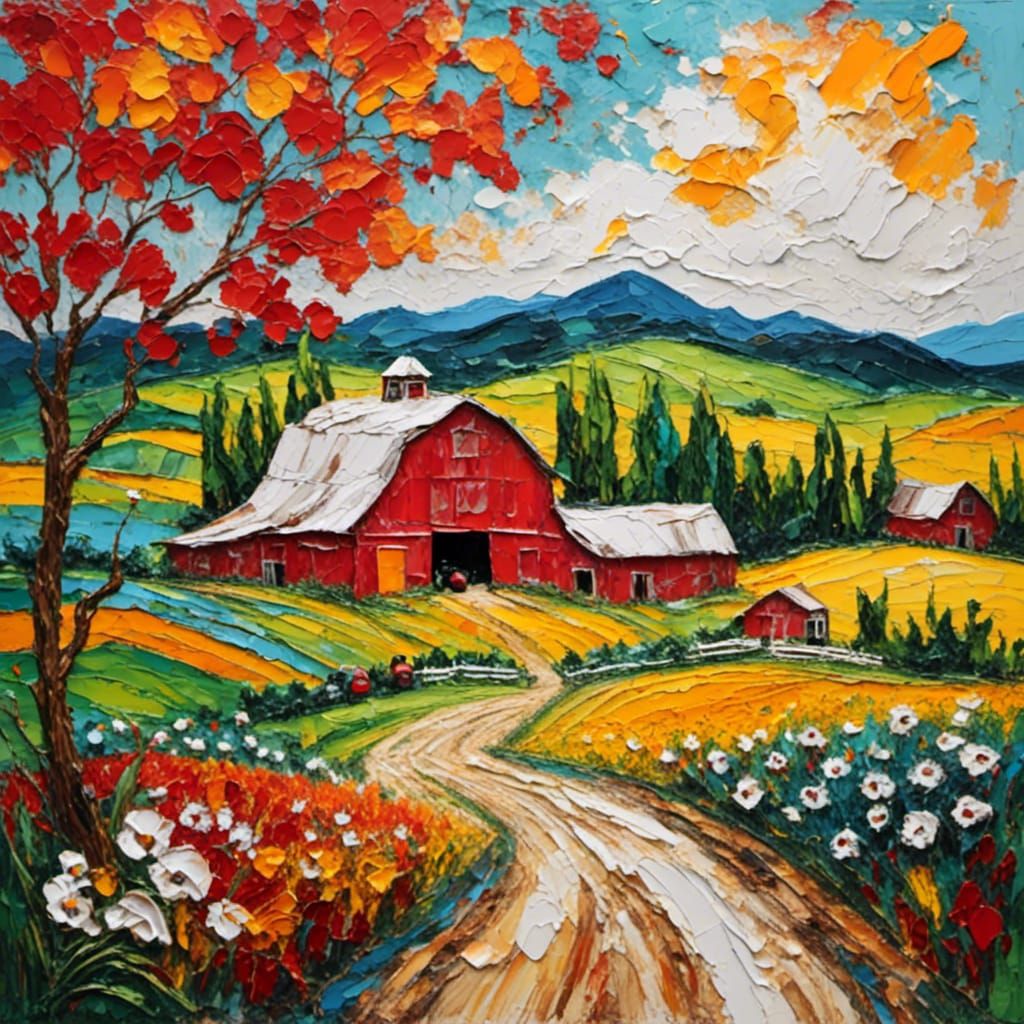 Farm Landscape with Red Barn as Impasto Painting