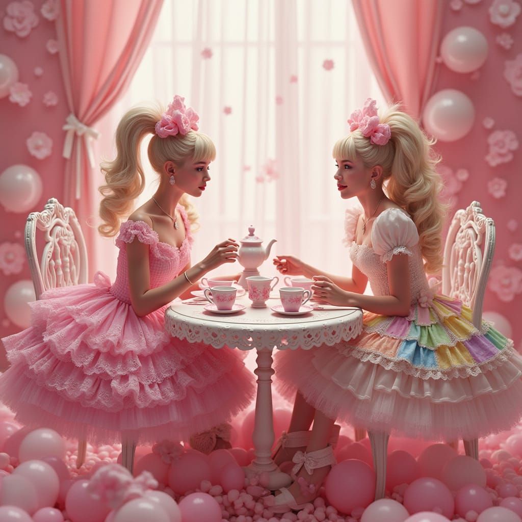 Whimsical Pastel Pink Tea Party Scene in Girly Style