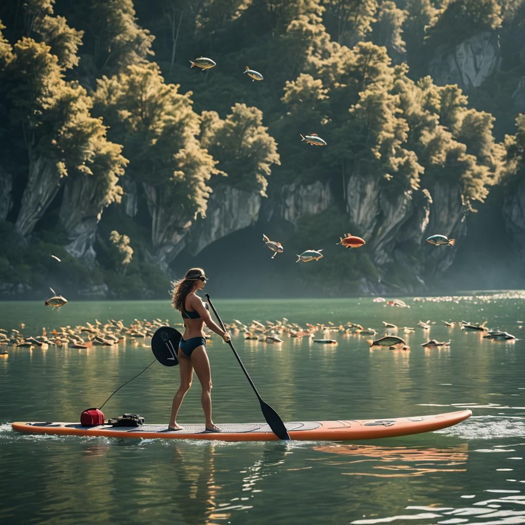 Superhero Paddleboarding in a Fish-Filled Lake