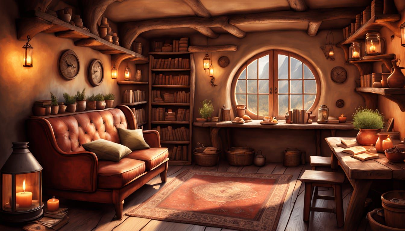 Cozy Hobbit Library with Food and Books