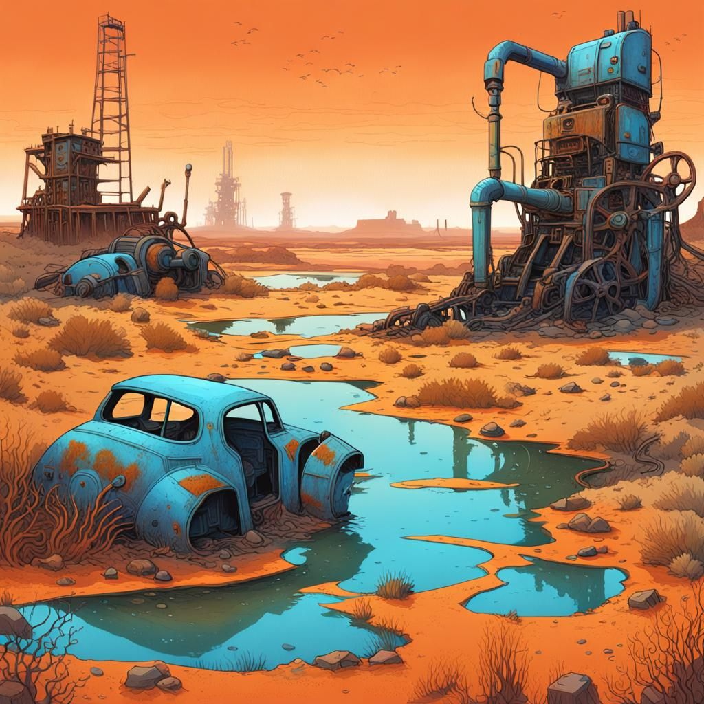 Moebius-Inspired Wasteland with Neon Pollution