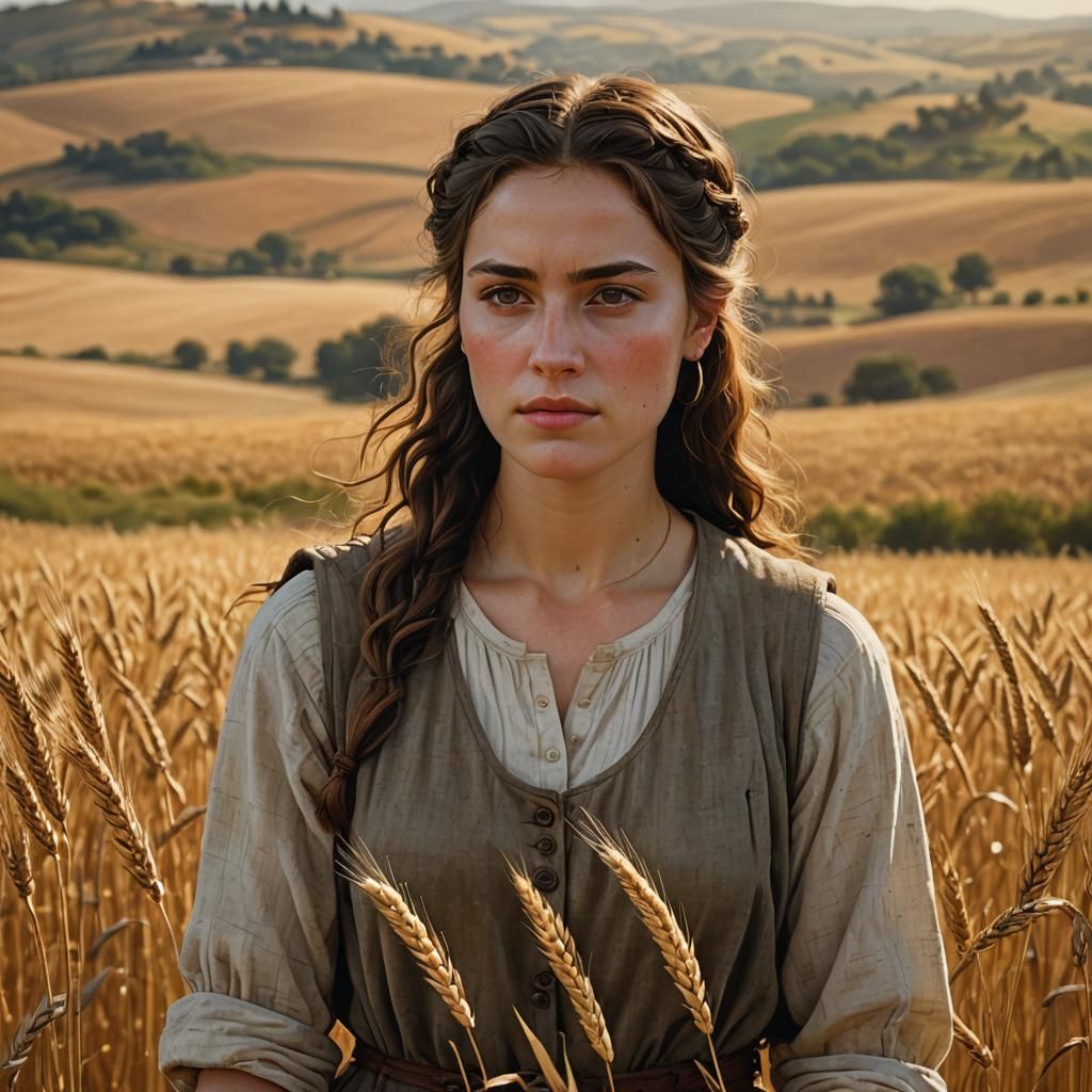 Ruth Gleaning Wheat in a Photorealistic Golden Field