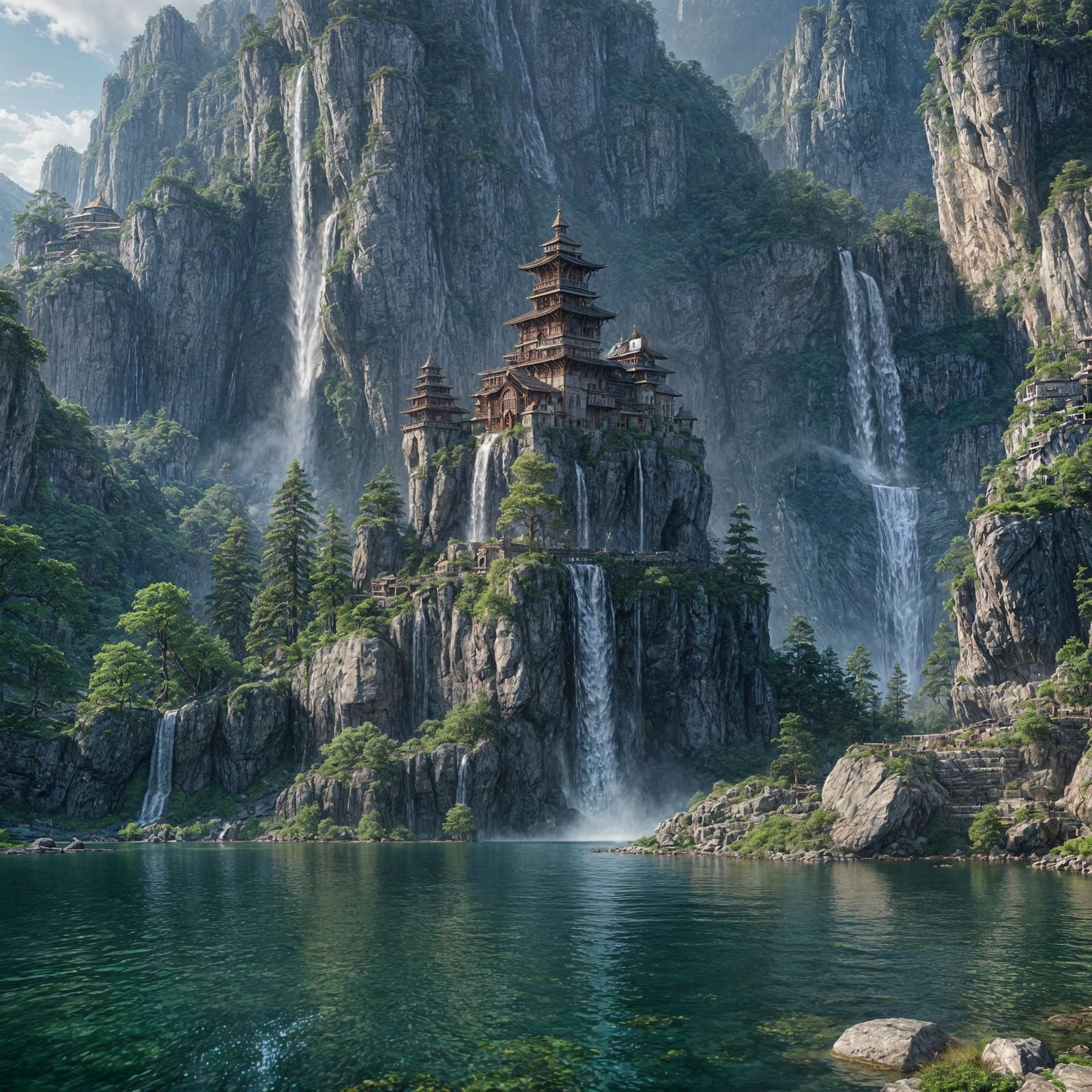 Mystical Waterfall Oasis with Majestic Towers
