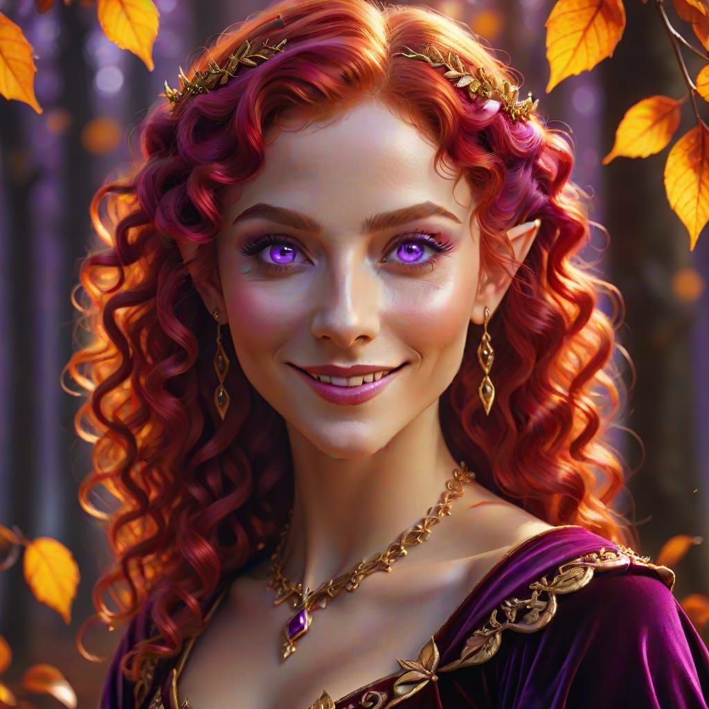 Elegant Fantasy Elf in Red Velvet Gown with Autumn Leaves