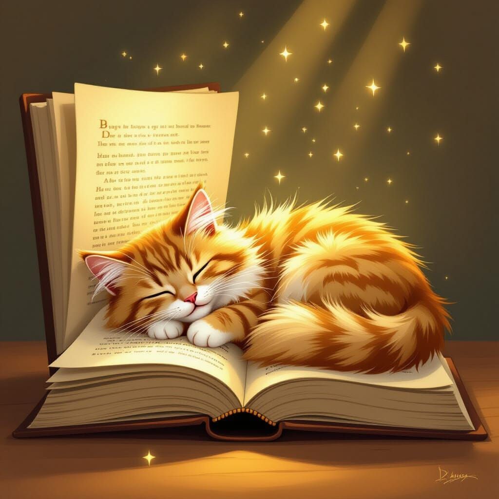 Cozy Cat Asleep in Magical Storybook