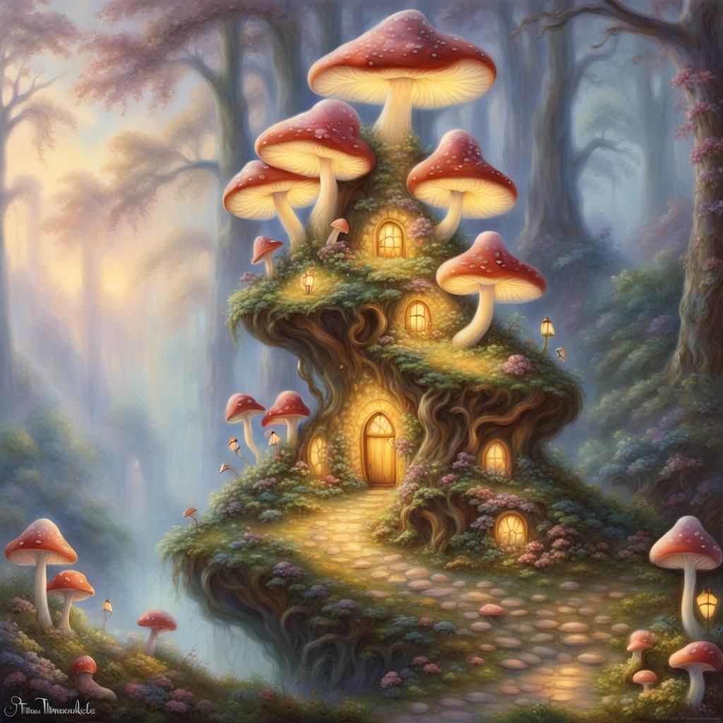 Ethereal Fairy Mushrooms Cake in Fantasy Landscape