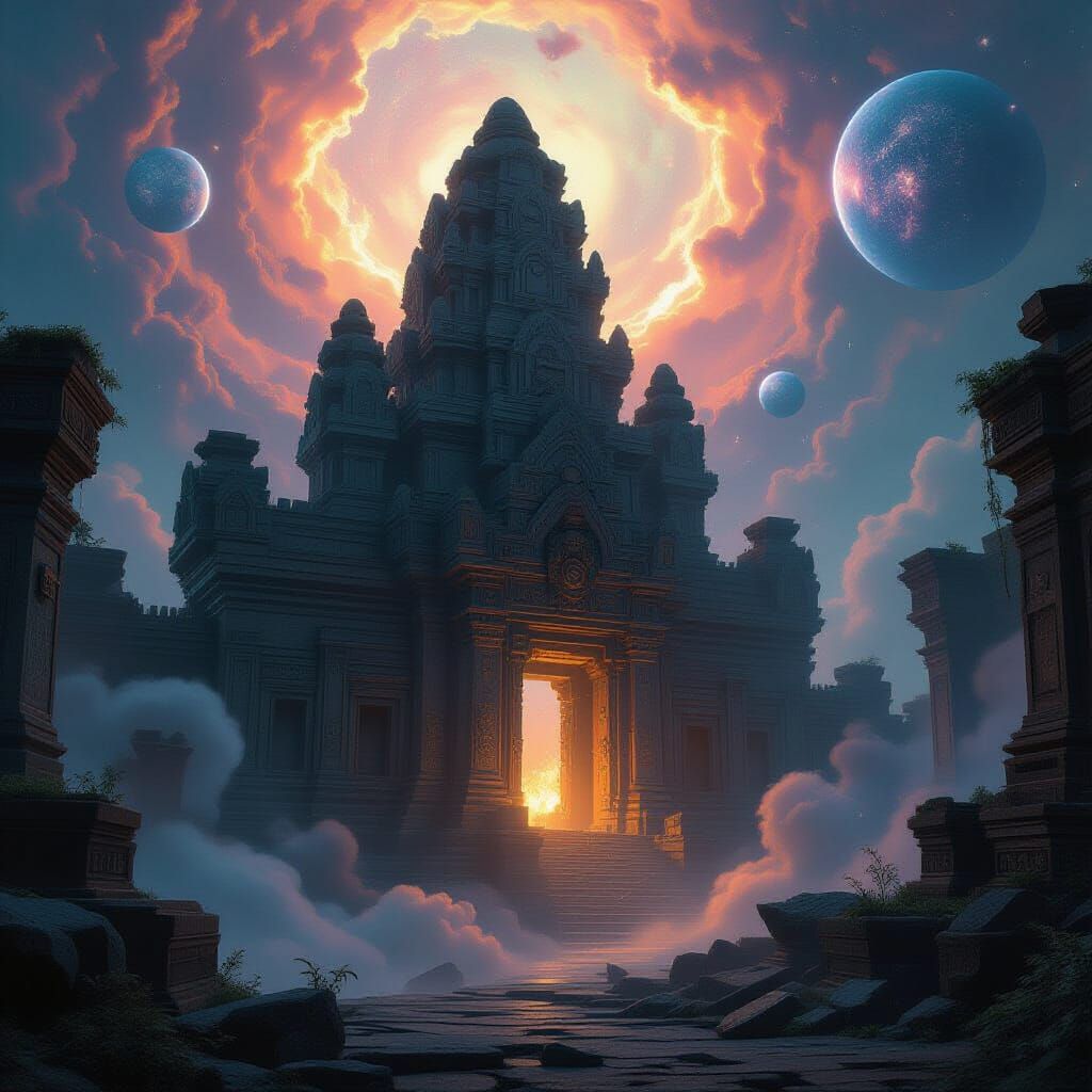 Ancient Temple in Nebula: Ethereal Light & Steampunk Ruins