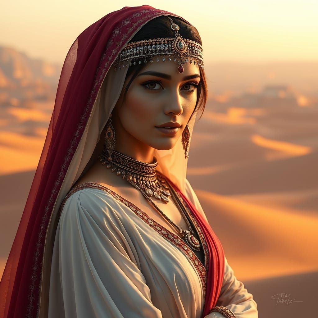 Realistic 4D Portrait of a Gothic Arabian Princess in Desert...
