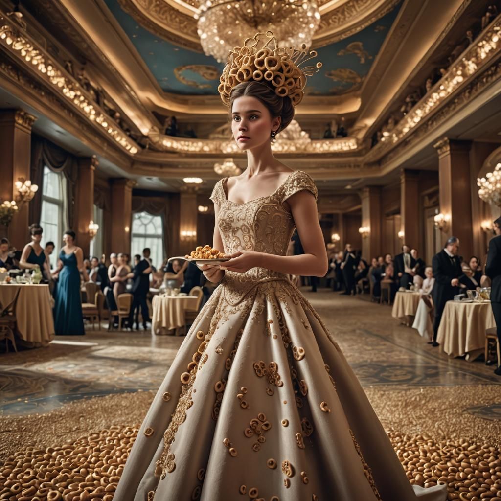 Cheerios Gown in Ballroom, Hyperrealistic Digital Art