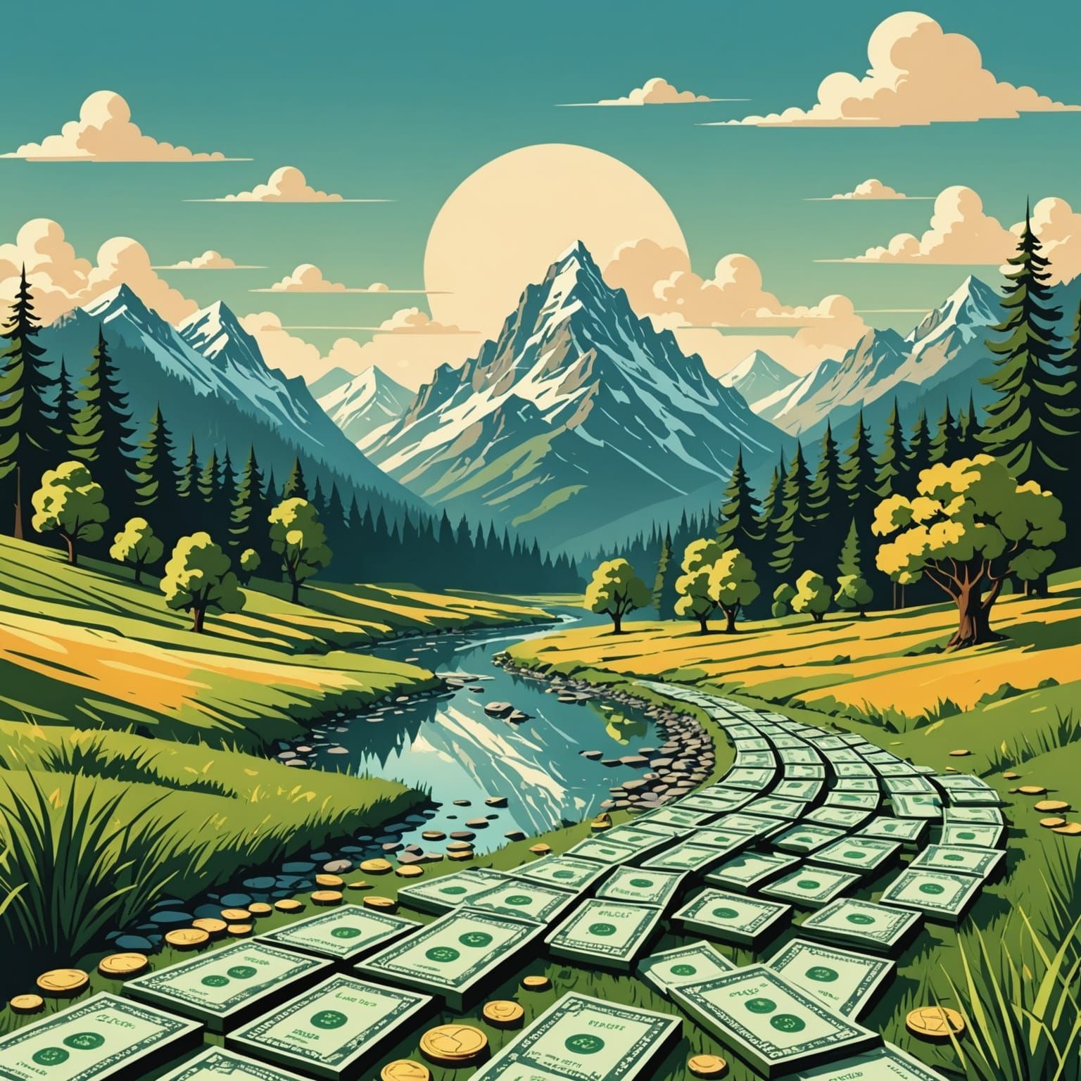 Money Landscape Art in Collage Style