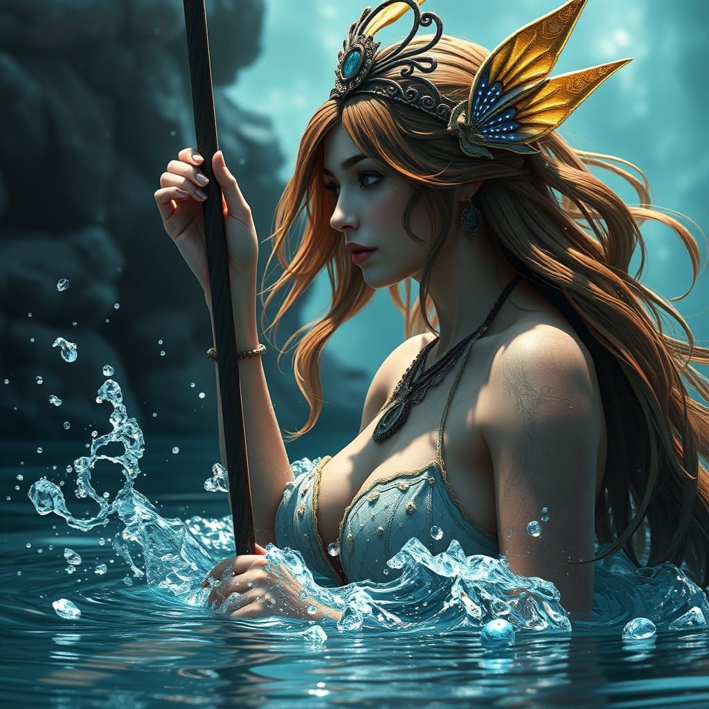 Ethereal Water Goddess in Vibrant Fantasy Landscape
