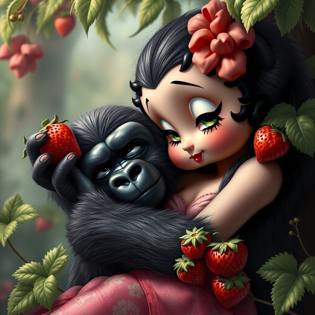Ethereal Fantasy Portrait of Betty Boop and Gentle Gorilla