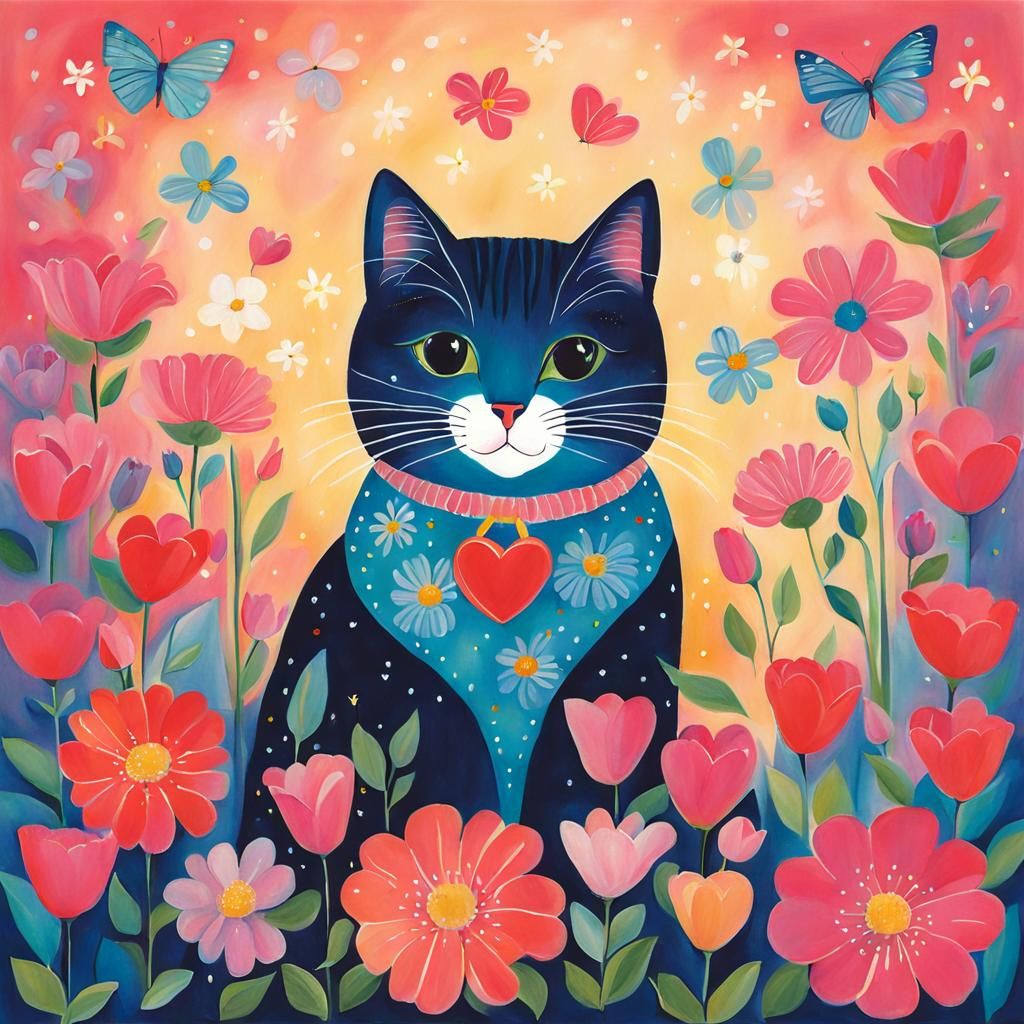 Cat on Pillow with Flowers Illustration