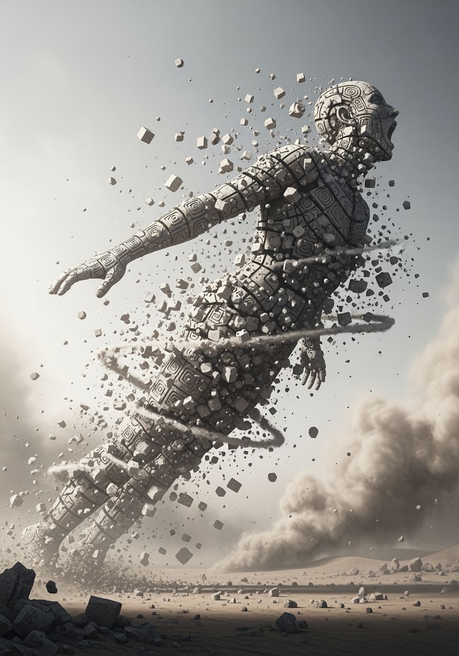 Colossal Stone Statue in Flight and Collapse