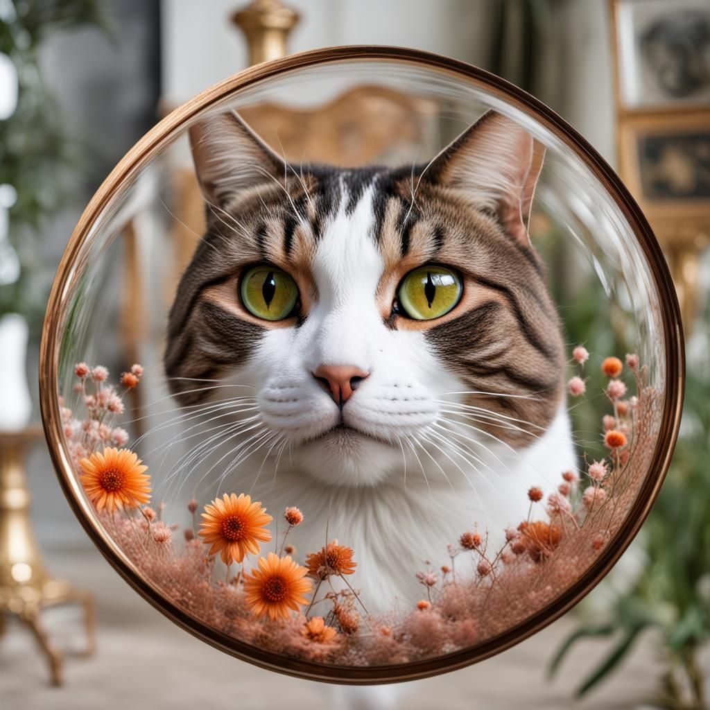 Cat with Clay Eyes in Translucent Sphere
