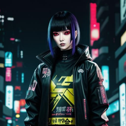 Japanese Goth Girl in Cyberpunk 2099 Neon Scene