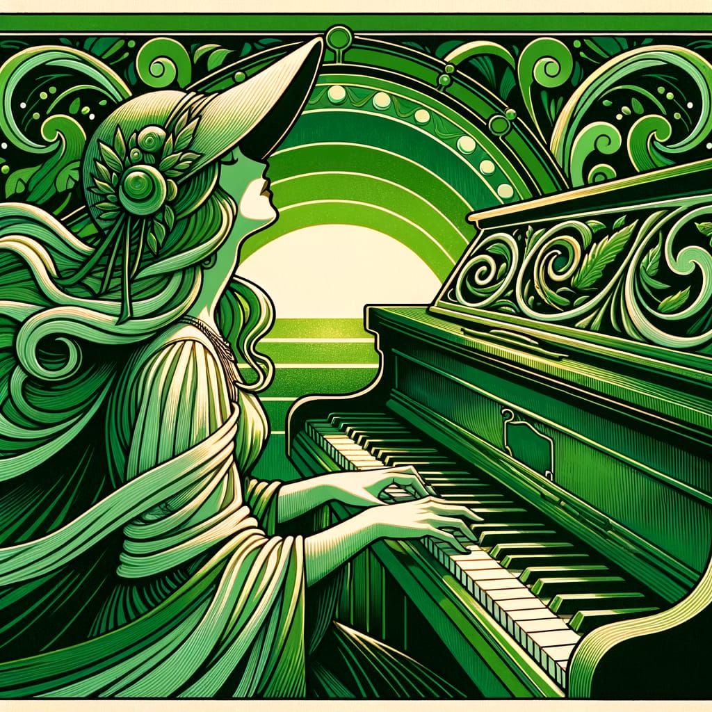 Art Nouveau Pianist in Verdant Sunset