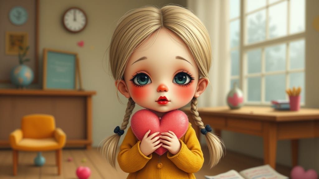 Adorable Girl in 3D Cartoon Style Holding Heart Toy
