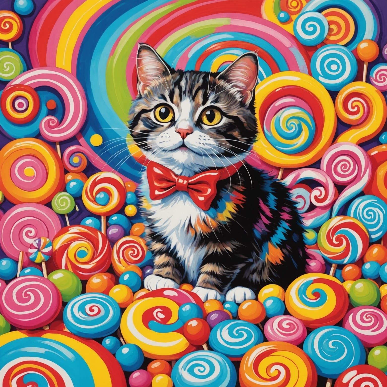 Cat Eating in Vibrant Candyland Gouache Painting