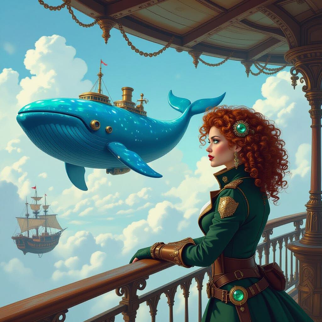 Steampunk Captain and Flying Whale, Syd Mead Style