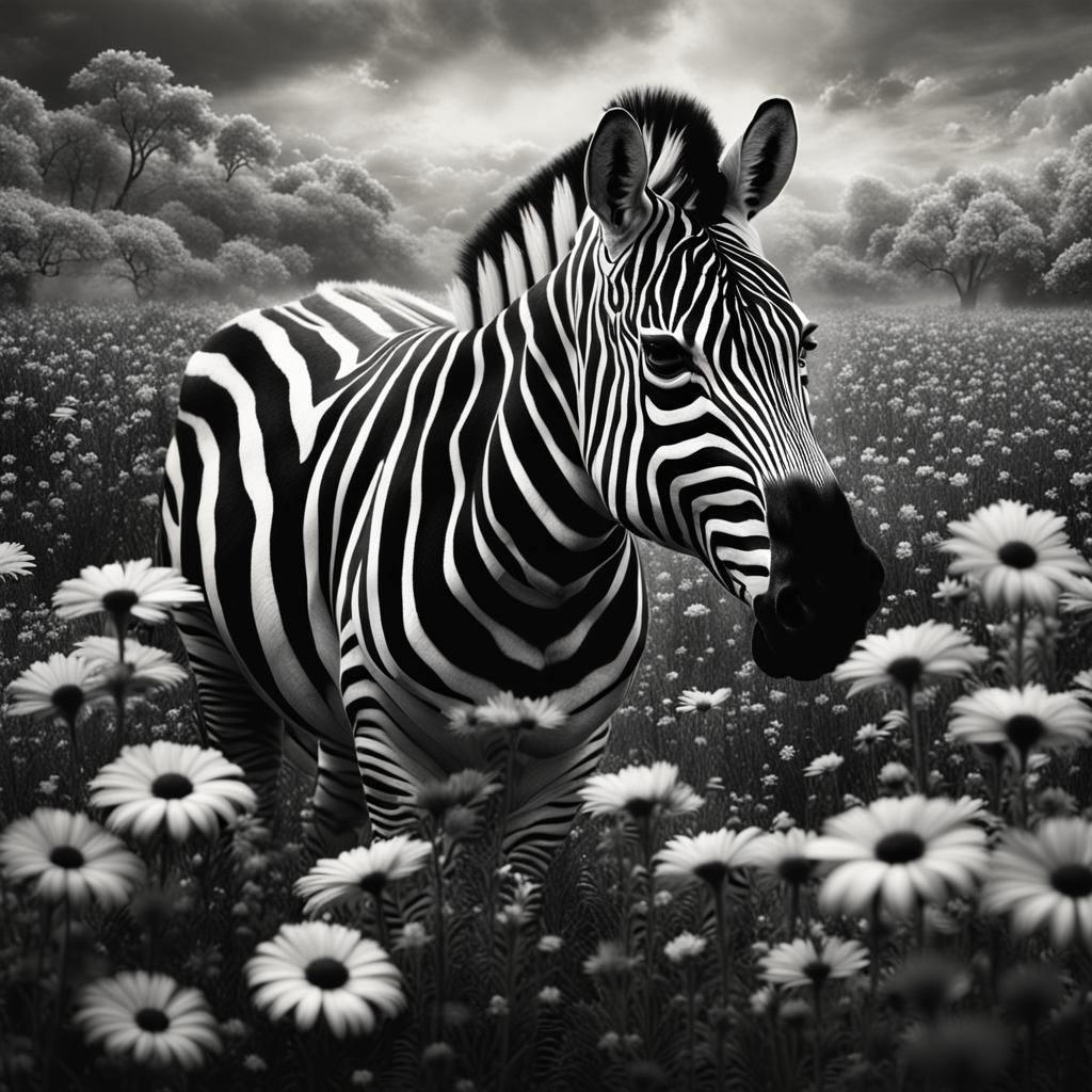 Zebra in Black and White Flower Field